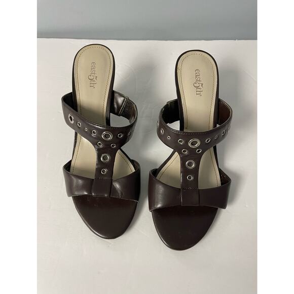 East 5th chocolate brown studded 3" heel sandals women's size 8M - Picture 1 of 6